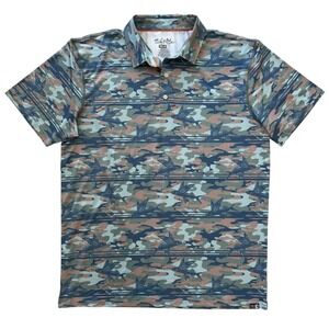 Salt Life SLX Large Camo Aqua Fish S/S‎ Men's Performance Golf Polo Shirt